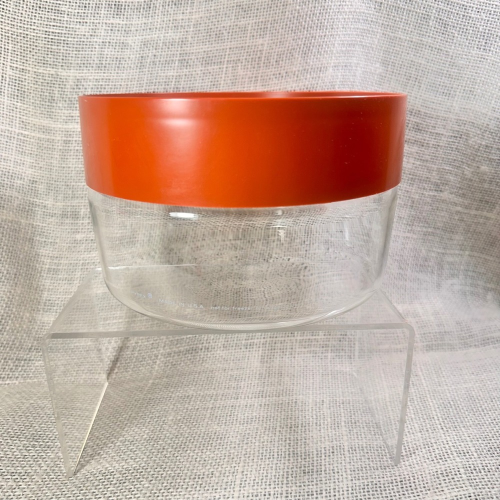 Vintage Pyrex 7080-C Clear Glass Storage Bowl with Orange Lid Retro USA Made